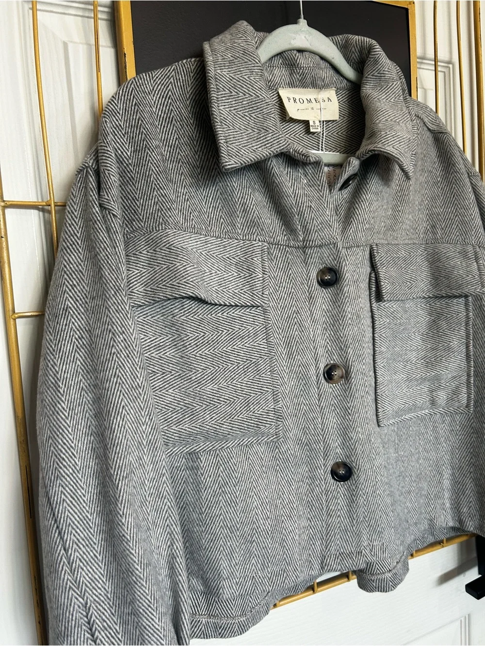 Promesa Light Gray Herringbone Button Jacket